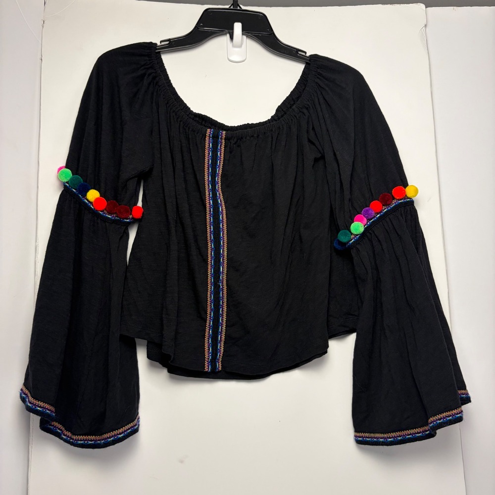 Pitusa‎ Black Pima Cotton Pom Pom Bell Sleeve Off Shoulder Crop Top One Size